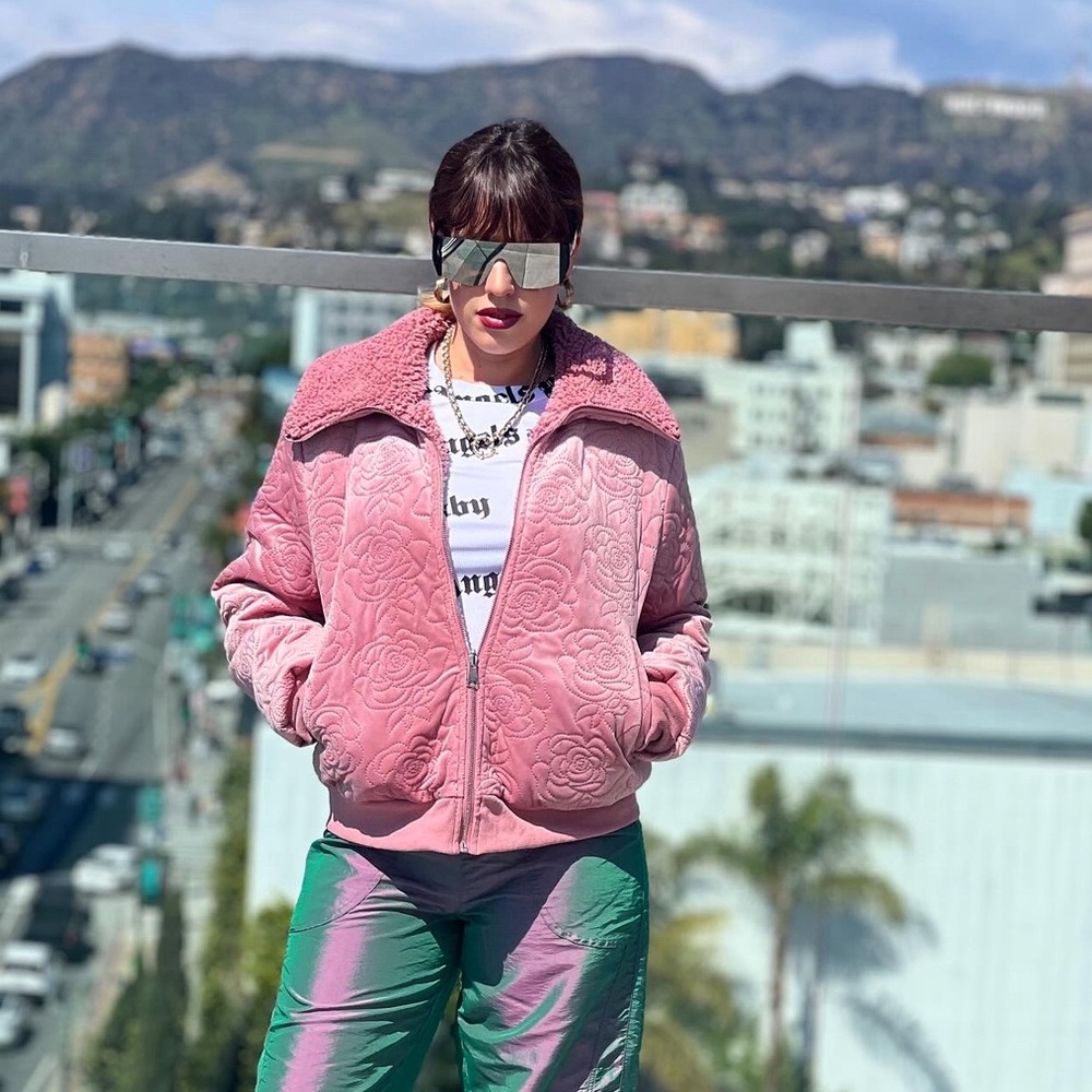 Pink jacket with flowers pattern